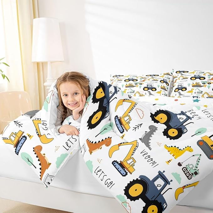Kids Excavator Comforter Set Full, Cartoon Equipment Trucks Bedding for Boys Girls Children, Dinosaur Duvet Insert, Yellow Blue Construction Vehicle Down Comforter, Tractor Quilt Set Bedroom Decor
