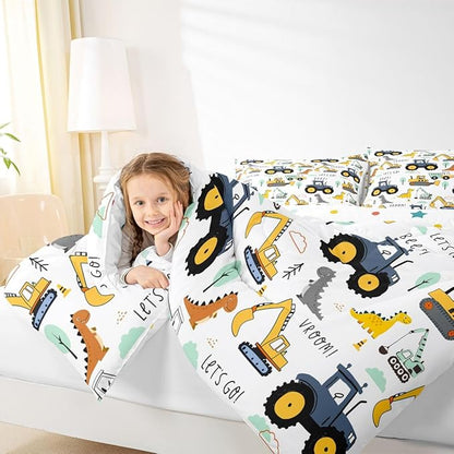 Cartoon Car Kids Comforter Set King, Excavator Tractor Bedding Set for Child Teens, Dinosaur Comforter Equipment Truck Quilted Duvet, Heavy Machinery Construction Bedding Comforter with 2 Pillowcases