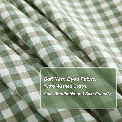Sage Green/White Plaid Ruffle Duvet Cover Queen Size,100% Washed Cotton 3 Pcs Vintage Checkered Chic Gingham Farmhouse Bedding Set Comforter Cover Set