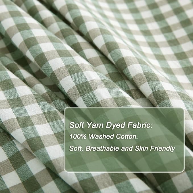 Sage Green/White Plaid Ruffle Duvet Cover Full Size,100% Washed Cotton 3 Pcs Vintage Checkered Chic Gingham Farmhouse Bedding Set Comforter Cover Set