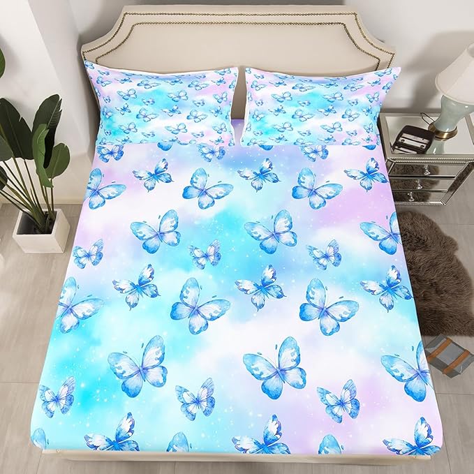 Erosebridal Pink Blue Butterfly Sheets for Boys Girls Watercolor 3D Printed Fitted Sheet,Purple Colorful Rainbow Kids Bedding Sets Fantasy Dreamy Princess Bed Sets Queen 3 Piece