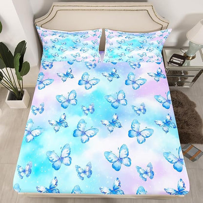Erosebridal Pink Blue Butterfly Sheets for Boys Girls Watercolor 3D Printed Fitted Sheet,Purple Colorful Rainbow Kids Bedding Sets Fantasy Dreamy Princess Bed Sets Queen 3 Piece