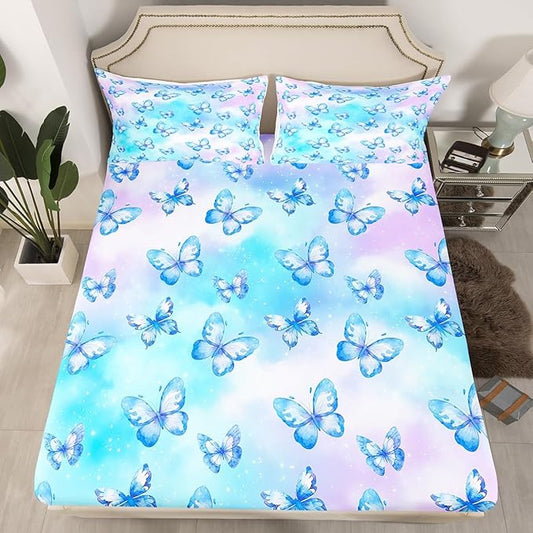 Erosebridal Pink Blue Butterfly Sheets for Boys Girls Watercolor 3D Printed Fitted Sheet,Purple Colorful Rainbow Kids Bedding Sets Fantasy Dreamy Princess Bed Sets Twin 2 Piece