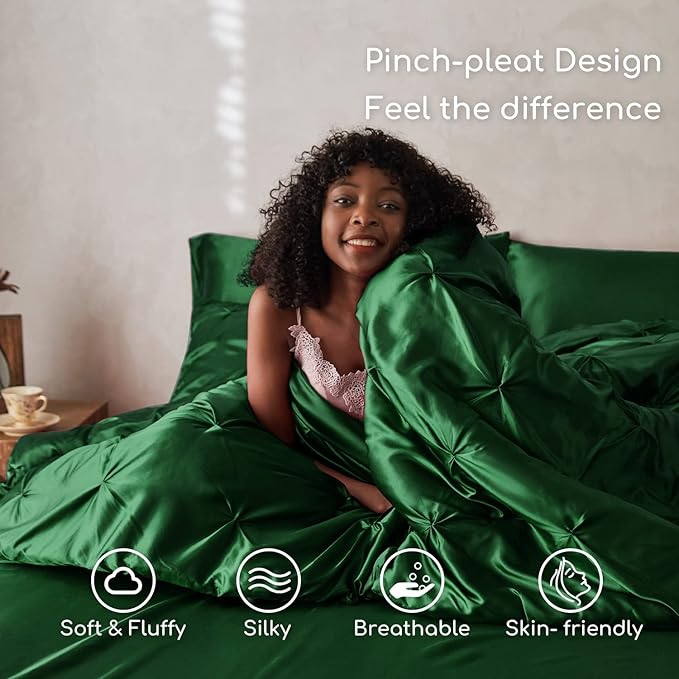 MR&HM Satin Comforter California King 7 Pieces Dark Green - Luxurious Pinch Pleat Bedding Set with Comforter, Flat Sheet, Fitted Sheet, Pillowcases & Shams, Super Silky Soft Bed Set for All Season