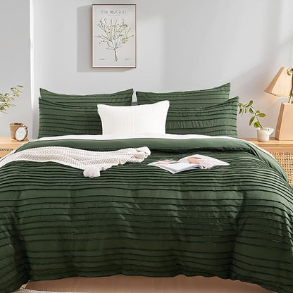 NEXHOME PRO Duvet Cover Full,3 Pieces Boho Tufted Duvet Cover Set, Soft and Lightweight 100% Washed Microfiber Comforter Cover Set for All Season(Forest Green,80 x 90)-No Comforter