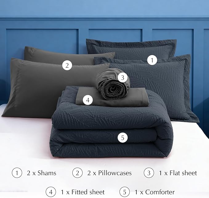 Geniospin Queen Comforter Set - 7 Pieces Blue Gray Textured Queen Bedding Sets with Comforter, Sheets, Pillowcases & Shams, All Season Blue Gray Bedding