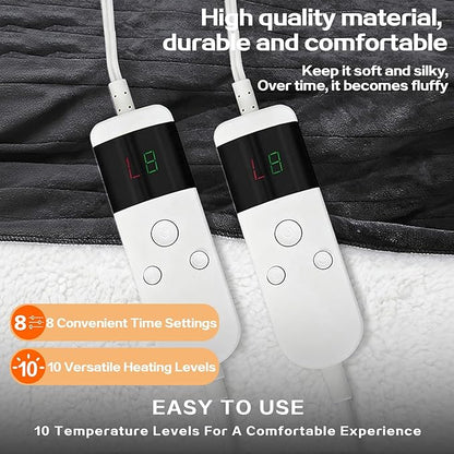 Electric Heated Blanket Queen Size 84''x90'' - Dual-Control Heating Blanket, Soft & Warm Flannel 10-Level Temperature Control, 8 Hours Auto Off, Rapid Heating & Overheat Protection