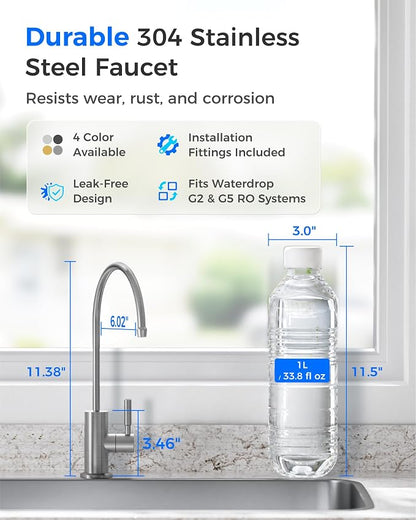 Waterdrop G2FCT-BN Drinking Water Faucet, NSF/ANSI 372 Certified, Brushed | RO Water Filter Faucet for Kitchen Bar Sink, Lead-Free, 304 Stainless Steel, Single Handle, 360° Swivel Spout