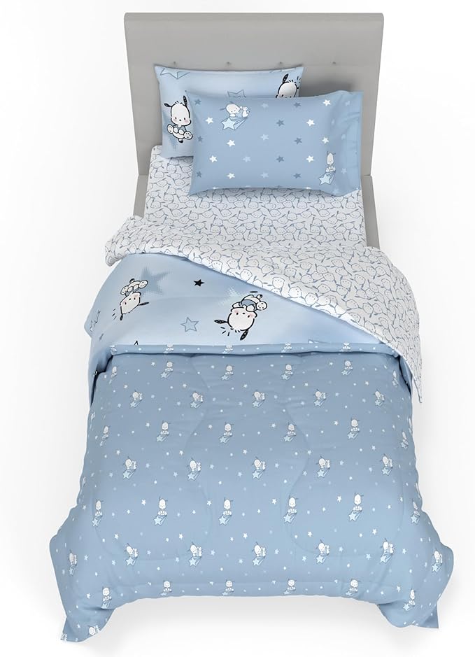 Sanrio Pochacco Bedding 5 Piece Super Soft Cozy Reversible Comforter and Sheet Set with Sham, Twin, (Officially Licensed Product) By Franco