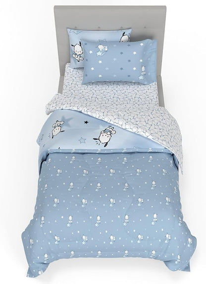 Sanrio Pochacco Bedding 5 Piece Super Soft Cozy Reversible Comforter and Sheet Set with Sham, Twin, (Officially Licensed Product) By Franco