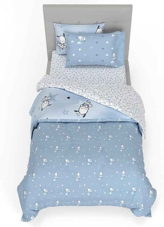 Sanrio Pochacco Bedding 5 Piece Super Soft Cozy Reversible Comforter and Sheet Set with Sham, Twin, (Officially Licensed Product) By Franco