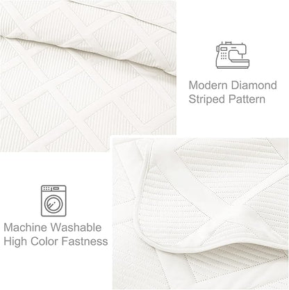 Exclusivo Mezcla King Quilt Set- White Quilts Bedding Set with 2 Pillow Shams, Modern King Bedspread with Striped Pattern, Soft Lightweight Bedspreads Coverlets for All Seasons