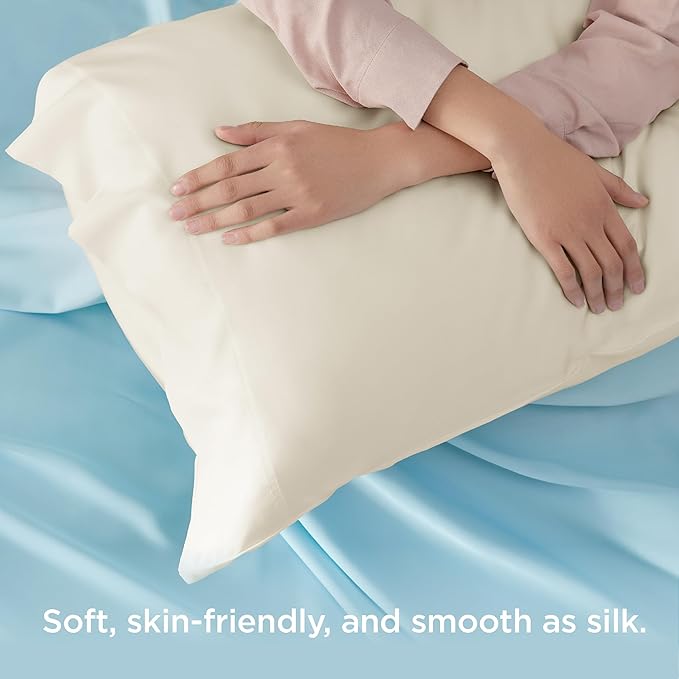 Bedsure Pillow Cases Queen, Cooling Pillow Cases, Rayon Derived from Bamboo Cream Pillowcases Queen Size Set of 2, PureWoven Silky Soft Bedding Pillow Covers with Envelope Closure, 20x30 Inches