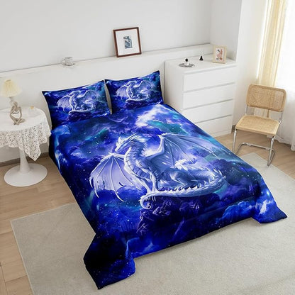 Western Magical Dragon Comforter Set Twin Size,Starry Sky Glitter Bedding Set for Kids Boys Girls Room Decor,Galaxy Nebula Wildlife Quilt Set 2Pcs,Nature Animal Blue Duvet Insert,1 Pillowcase