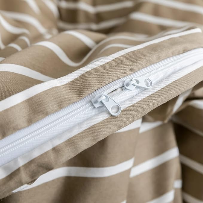 JELLYMONI Full Duvet Cover Set, Cotton Duvet Cover 3 Pieces with Zipper Closure, 1 Duvet Cover and 2 Pillowcases(Khaki with White Striped)