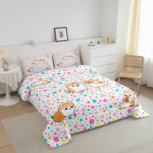 Castle Fairy Kawaii Dogs Queen Size Comforter Set,Colorful Polka Dots Down Alternative Comforter Adults Bedroom Decor,Cartoon Puppies Cute Pet Theme Ultra Soft Microfiber Inner Fill 3Pcs Bedding