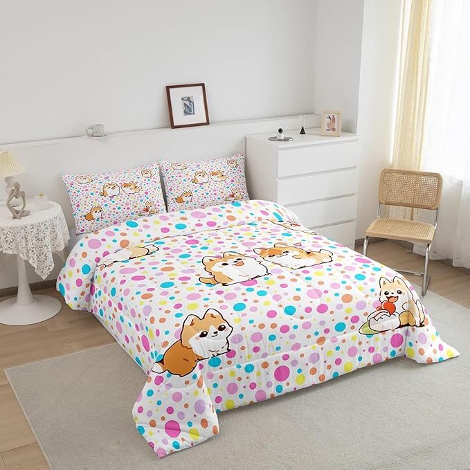 Castle Fairy Kawaii Dogs Bedding Set for Boys Girls,Colorful Polka Dots All Season Cozy Comforter Set Full Size,Cartoon Puppies Cute Pet Theme Duvet Set Bedroom Décor,Gift for Kids