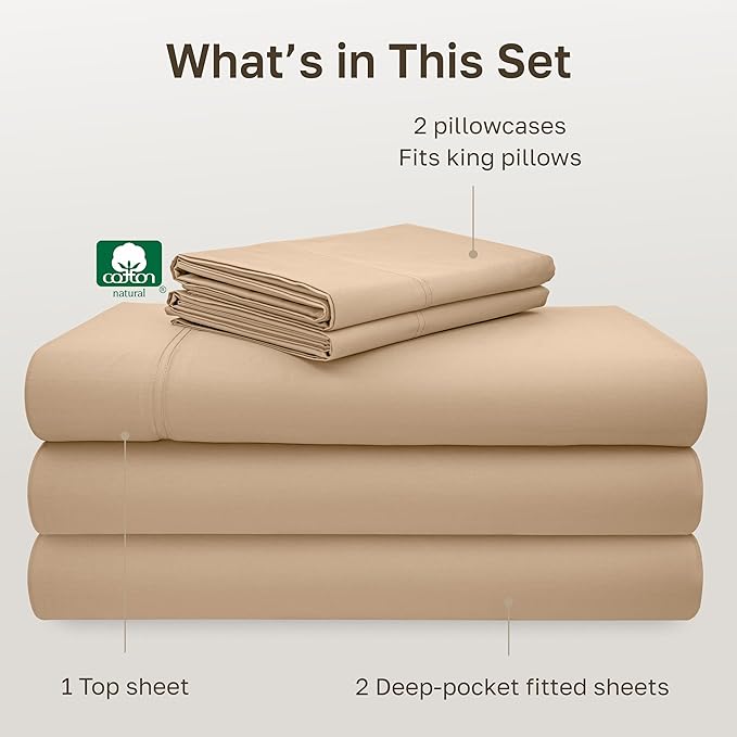 California Design Den 100% Cotton Split King Sheets, 600 Thread Count Sateen, Soft, Cooling Cotton Sheets, Hotel-Quality Bedding Sheets & Pillowcases (Golden Tan)