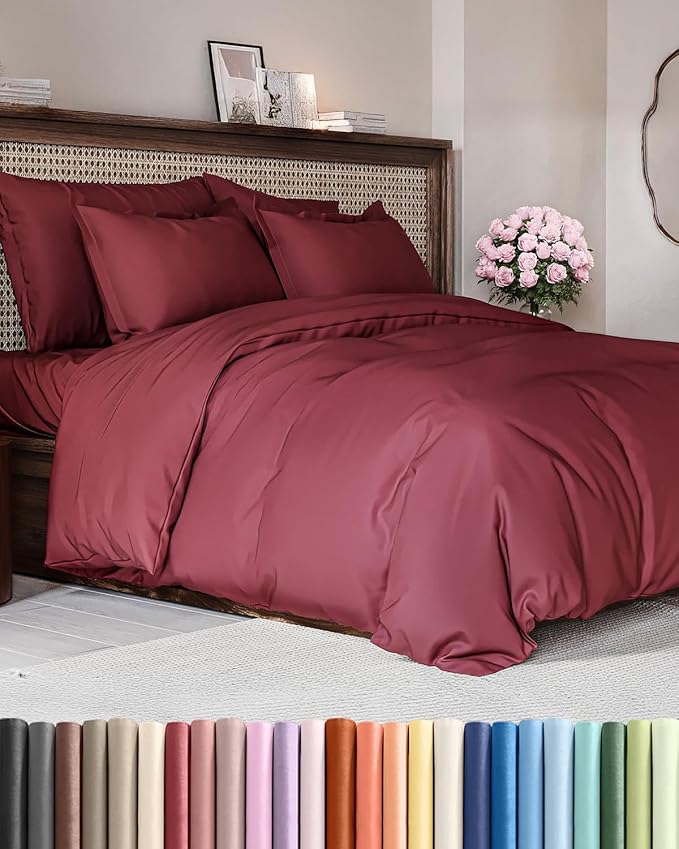 Duvet Cover Queen Size Set - Extra Soft Queen Duvet Cover 90" x 90" with 2 Pillow Shams - Hotel Luxury, Easy Care & Fade Free w/ Zipper Closures & Ties - All Season, Comfy and Breathable (Burgundy)