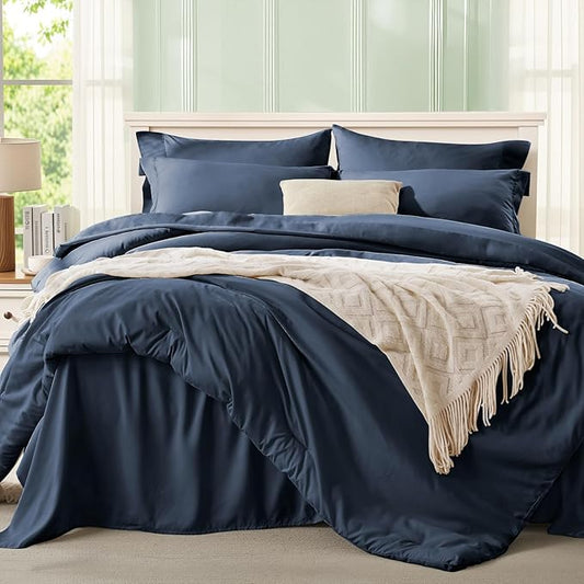 Anluoer Navy Blue Full Comforter Set 7 Pieces, Bed in a Bag with Sheets, All Season Bedding Sets with 1 Comforter, 2 Pillow Shams, 2 Pillowcases, 1 Flat Sheet, 1 Fitted Sheet