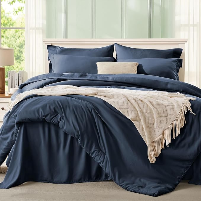 Anluoer Navy Blue King Comforter Set 7 Pieces, Bed in a Bag with Sheets, All Season Bedding Sets with 1 Comforter, 2 Pillow Shams, 2 Pillowcases, 1 Flat Sheet, 1 Fitted Sheet