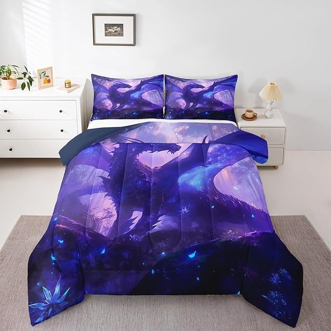Feelyou Dragon Comforter Set Queen Size Jungle Dragon Comforter for Boys Girls Teens Western Dragon Bedding Set Wild Animal Duvet Set Room Decor Purple Quilt Set