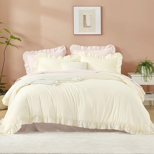 Litanika Cream King Size Comforter Set, 3 Pieces Ruffle Farmhouse Aesthetic Bedding Comforter Set, All Season Soft Lightweight Fluffy Microfiber Bed Set(104x90In Comforter, 2 Pillowcases)