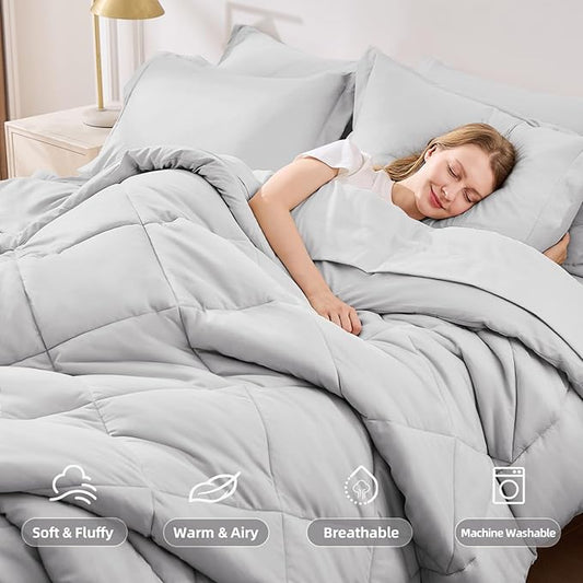 FUANNA 7 Pieces Full Size Comforter Sets, All Season Bedding Sets Full Size, Luxury Soft Bed in a Bag with Comforter, Flat Sheet, Fitted Sheet, Pillowcases & Pillow Shams, Light Grey