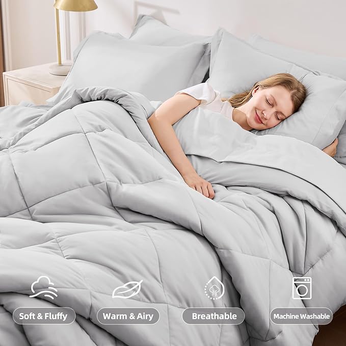 FUANNA 7 Pieces King Size Comforter Set, All Season Bed in a Bag King Size, Luxury Soft Bedding Sets with Comforter, Flat Sheet, Fitted Sheet, Pillowcases & Pillow Shams, Light Grey
