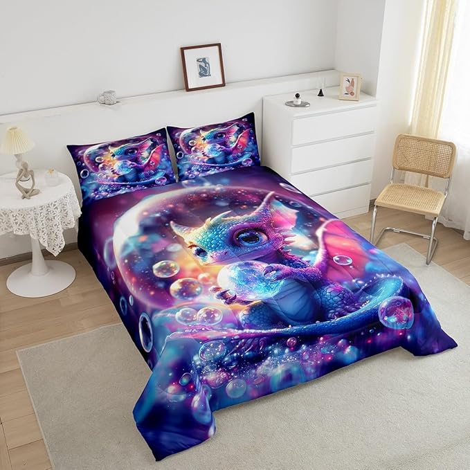 Feelyou Dragon Comforter Set King Size Kawaii Comforter for Boys Girls Teens Wild Life Bedding Set Dragon Decor Duvet Set Room Decor Purple Blue Quilt Set