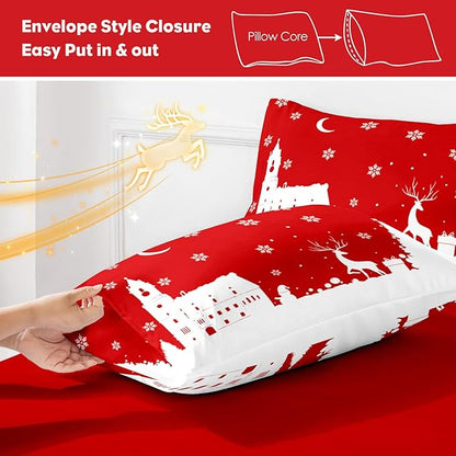 YIYEA Christmas Pillow Cases Queen Size Set of 4, Ultra Soft Double Brushed Microfiber Red Pillowcases and Christmas Pillow Covers, Envelope Closure, Fade Resistant (20"x30")