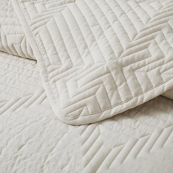 Oli Anderson Queen Quilt Set, Beige Lightweight Soft Bedspread Coverlet, Basket Weave Pattern Bedding, 3PCS Modern Geometric Stitching Textured Comforter Sets (1 Quilt and 2 Pillow Shams)