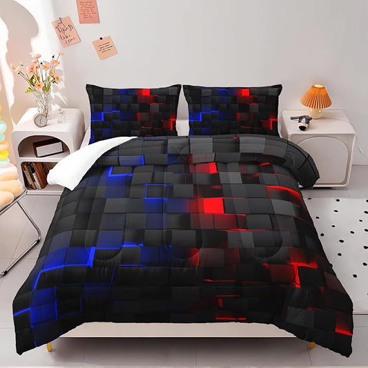 Red and Blue Checkered Comforter Set Full Honeycomb Bedding Sets 3PCS for Kids Teen Adult Boy Room Decor Ultra-Soft Lightweight Microfiber 1 Comforter with 2 Pillowcases