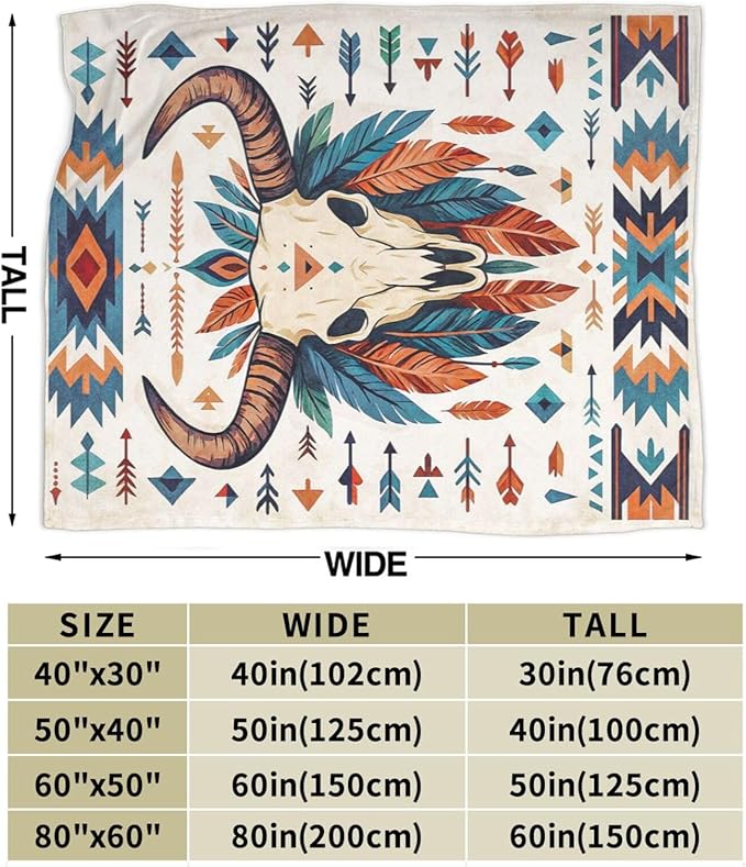 Western Cattle Skull Blanket Super Soft Warm Fluffy Fleece Flannel Throw Blanket Cozy Fuzzy Plush Stuff Bedding Blankets Gifts for Women Kids Boys Girls Adults 80"X60"