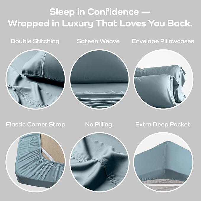 Olive + Crate Tencel Lyocell Eucalyptus Twin XL Sheets - Extra Long Sheet Set - Cooling Tencel Sheets for Hot Sleepers with 16 Inch Deep Pocket Fit - Basalt Blue 3-Piece Set