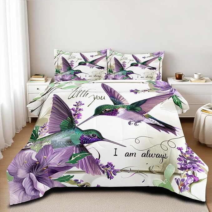 Hummingbird Comforter Set Full Size Purple Floral Bird Bedding Set Tropical Birds Bed Set Modern Aesthetic Bedding Teen Girls Boys Soft Down Alternative Comforter Sets for All Season