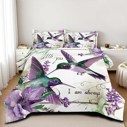 Hummingbird Comforter Set Full Size Purple Floral Bird Bedding Set Tropical Birds Bed Set Modern Aesthetic Bedding Teen Girls Boys Soft Down Alternative Comforter Sets for All Season
