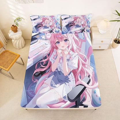 Erosebridal Kawaii Japanese Girl Fitted Sheet for Boys Girls Kids Cartoon Anime Queen Bed Sheets,Girls Gamer Sheets 3D Japanese Style Bedding Sets, No Top Sheet