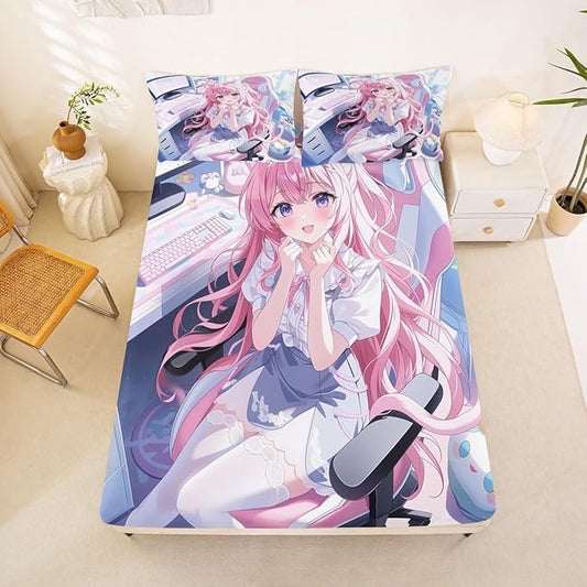 Erosebridal Kawaii Japanese Girl Fitted Sheet for Boys Girls Kids Cartoon Anime Queen Bed Sheets,Girls Gamer Sheets 3D Japanese Style Bedding Sets, No Top Sheet