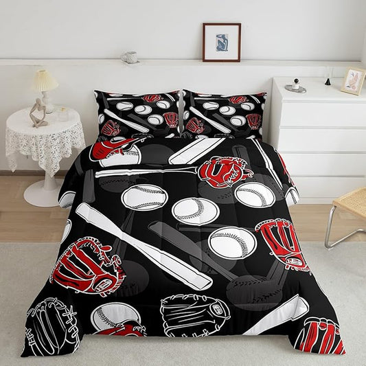 Erosebridal 3D Baseball Comforter Set Queen Sport Theme Bedding Set Men Young Ball Games Bedding Comforter Sets Black White Grey Down Comforter Lightweight Bedroom Decor with 2 Pillow Cases