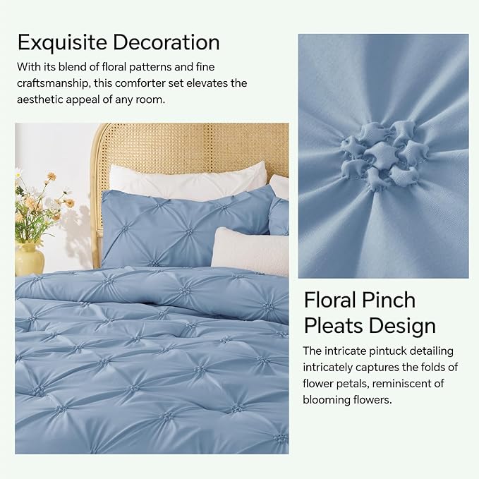 BEDELITE Cornflower Blue Queen Comforter Set - 3 Pieces Boho Pintuck Bedding Comforter Sets, Lightweight Soft & Warm Bed Comforter Queen with 2 Pillowcases for All Season
