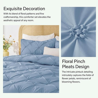 BEDELITE Cornflower Blue Queen Comforter Set - 3 Pieces Boho Pintuck Bedding Comforter Sets, Lightweight Soft & Warm Bed Comforter Queen with 2 Pillowcases for All Season
