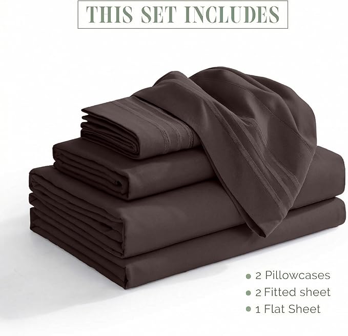Elegant Comfort Luxurious 1500 Premium Hotel Quality Microfiber Three Line Embroidered Softest 5-Piece Bed Sheet Set, Wrinkle and Fade Resistant, Split King, Chocolate Brown