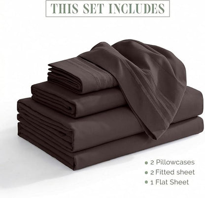 Elegant Comfort Luxurious 1500 Premium Hotel Quality Microfiber Three Line Embroidered Softest 5-Piece Bed Sheet Set, Wrinkle and Fade Resistant, Split King, Chocolate Brown