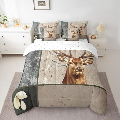 Erosebridal Elk Deer Bed in a Bag King Size Comforter Set 7 Pieces,Woodland Animals Bedding Sets Wild Animals Sheet Set with Comforter