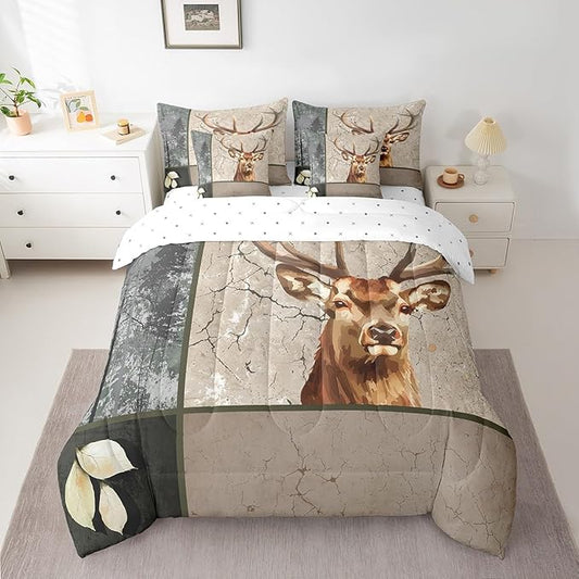 Erosebridal Elk Deer Bed in a Bag King Size Comforter Set 7 Pieces,Woodland Animals Bedding Sets Wild Animals Sheet Set with Comforter