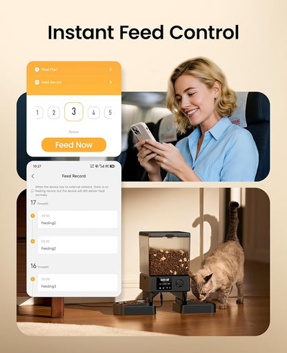 oneisall 5G WiFi Automatic Cat Feeder for 2 Cats, App Control, 20 Cups/5L | Timed Meals, Feed Now, Feeding Logs, Slow Feed, Precise Portions, 10s Voice Recorder, Family Sharing, Stainless Steel Bowls