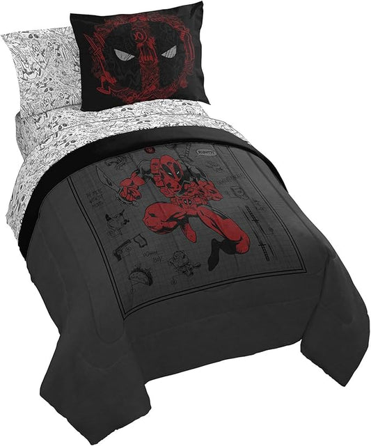 Jay Franco Marvel Deadpool Twin Size Comforter Set - 5 Piece Bedding Includes Sheet Set and Pillow Covers - Gray and Red Super Soft Cozy Bedding