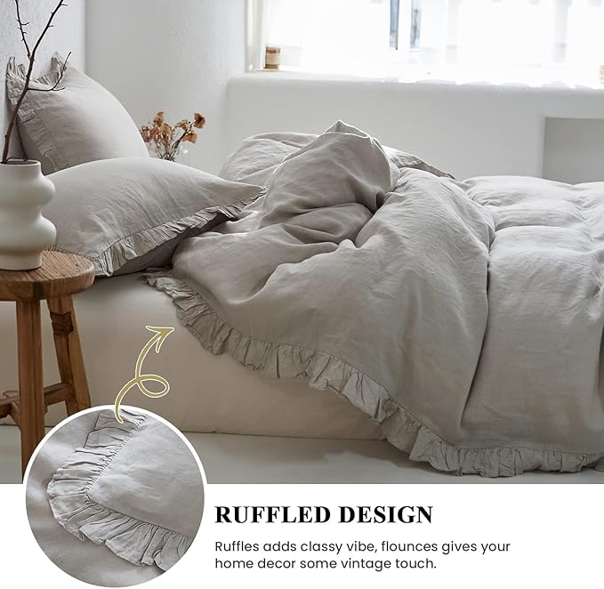 Simple&Opulence 100% Linen Duvet Cover Set, 3 PCS Natural French Flax Light Grey Ruffle Duvet Cover Queen Size, Breathable Comfy Linen Bedding Comforter Cover with 2 Pillowcases(Light Grey, 88" X 92")