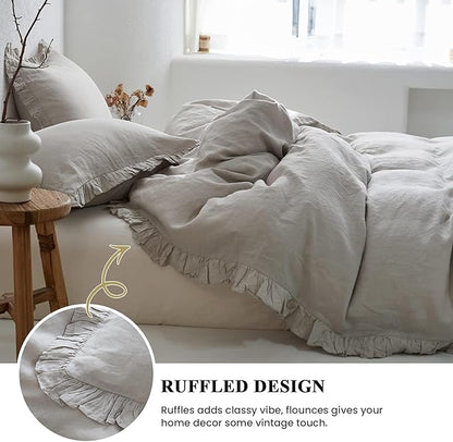 Simple&Opulence 100% Linen Duvet Cover Set, 3 PCS Natural French Flax Light Grey Ruffle Duvet Cover Queen Size, Breathable Comfy Linen Bedding Comforter Cover with 2 Pillowcases(Light Grey, 88" X 92")